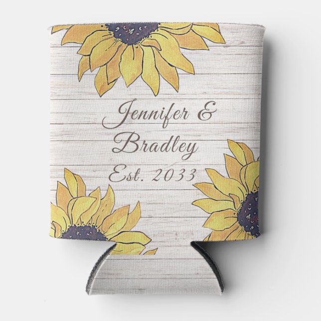 Rafraîchisseur Pour Canette Mariage Rustique Blanc Bois Chic Tournesol Jaune (Devant)