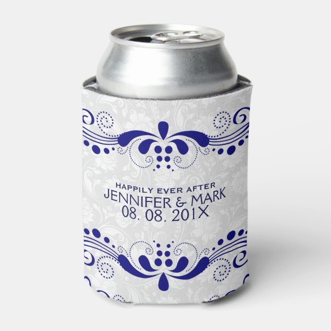 Rafraîchisseur Pour Canette Marine bleu dentelle florale blanc Damas Arrière - (Can devant)
