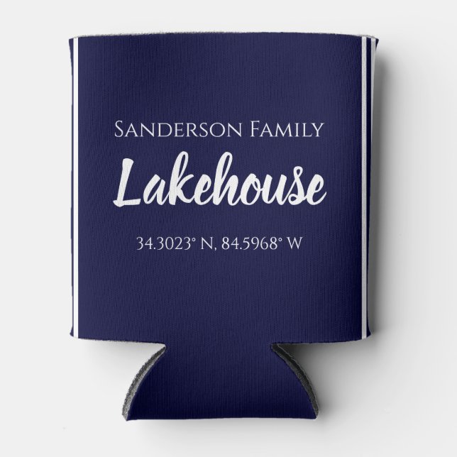 Rafraîchisseur Pour Canette Marine Blue Lakehouse Nom de famille Carte Coordon (Devant)