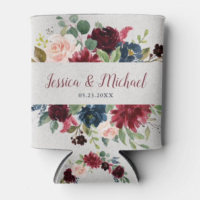 Rafraîchisseur Pour Canette Marsala & Navy Floral Mr & Mrs Wedding Favor (Devant)