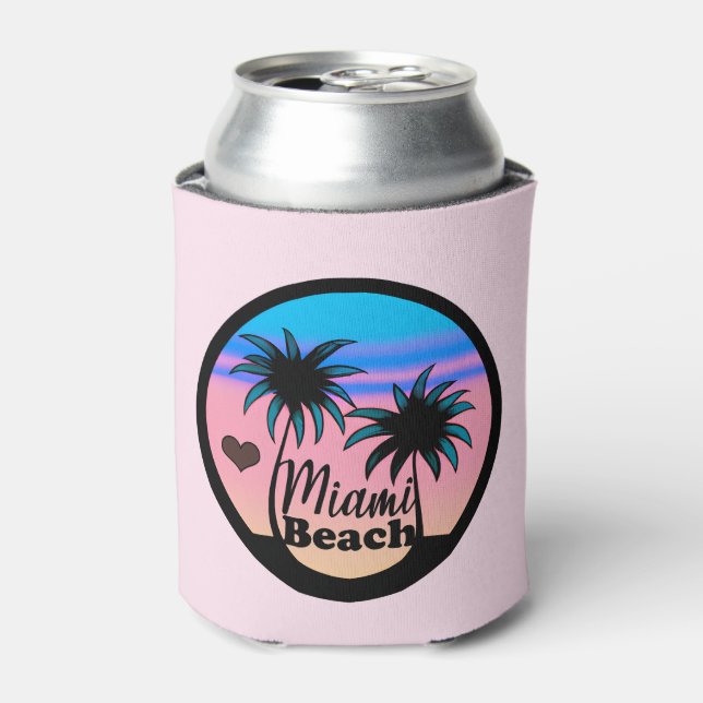 Rafraîchisseur Pour Canette Miami Beach Bleu et Palmiers roses (Can devant)