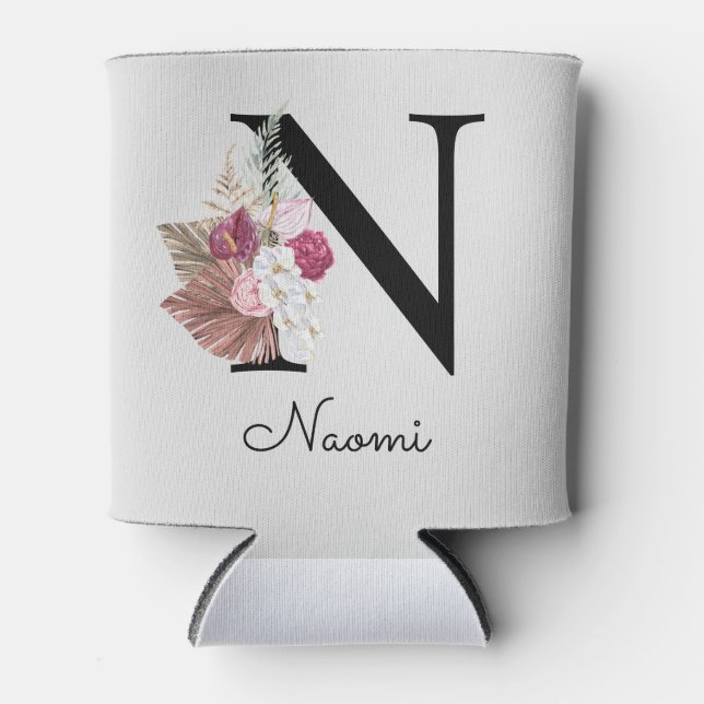 Rafraîchisseur Pour Canette Monogram Pink Boho Girly Floral Initial N (Devant)