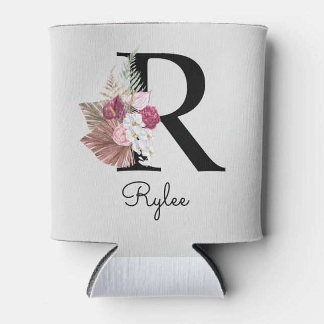 Rafraîchisseur Pour Canette Monogram Pink Boho Girly Floral Initial R (Devant)