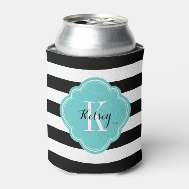 Rafraîchisseur Pour Canette Monogramme de rayures Preppy noir et turquoise (Can devant)