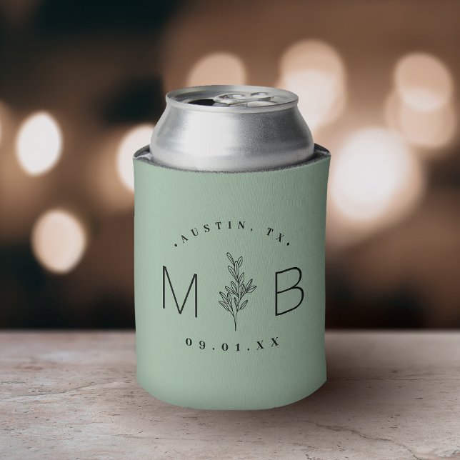 Rafraîchisseur Pour Canette Monogramme Mariage de tige florale rustique | Sage (Créateur téléchargé)