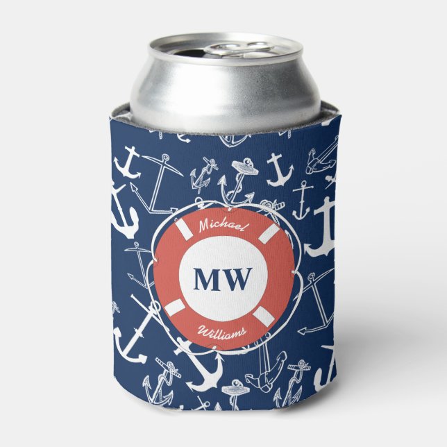 Rafraîchisseur Pour Canette Monogramme nautique Ancre bleu marine Motif (Can devant)