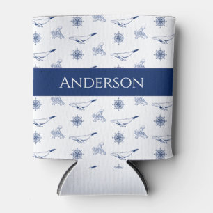 Rafraîchisseur Pour Canette Monogramme nautique Baleines et poulpe marine Blan