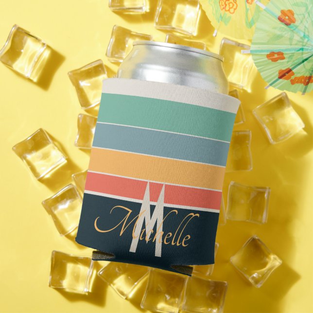 Rafraîchisseur Pour Canette Monogramme personnalisé Rétro années 70 Bleu marin (Été in situ)
