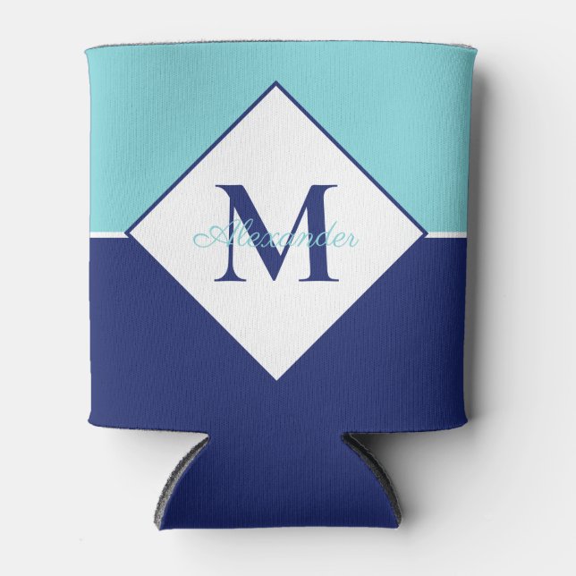Rafraîchisseur Pour Canette Monogramme Turquoise bleu marine moderne côtière (Devant)