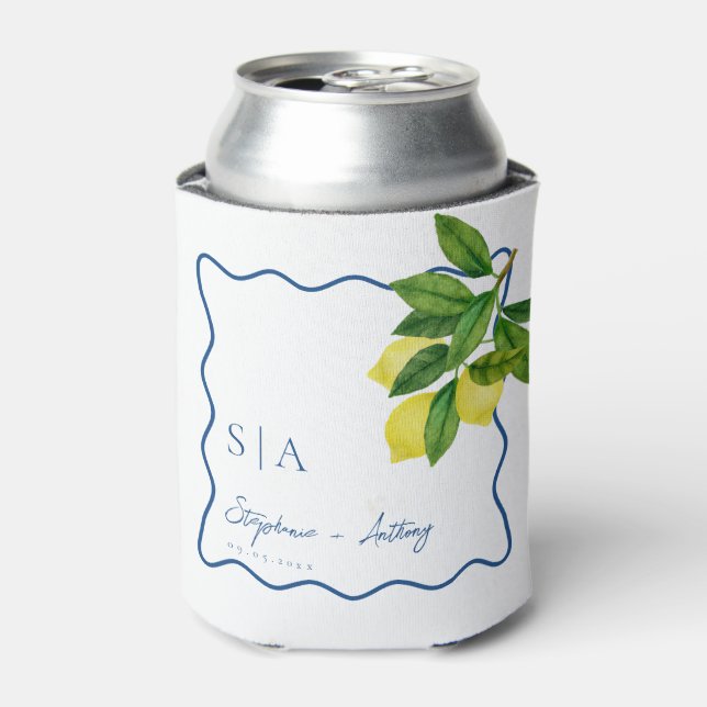 Rafraîchisseur Pour Canette Monogrammes Citron, Mariage à la bordure Vague Ble (Can devant)