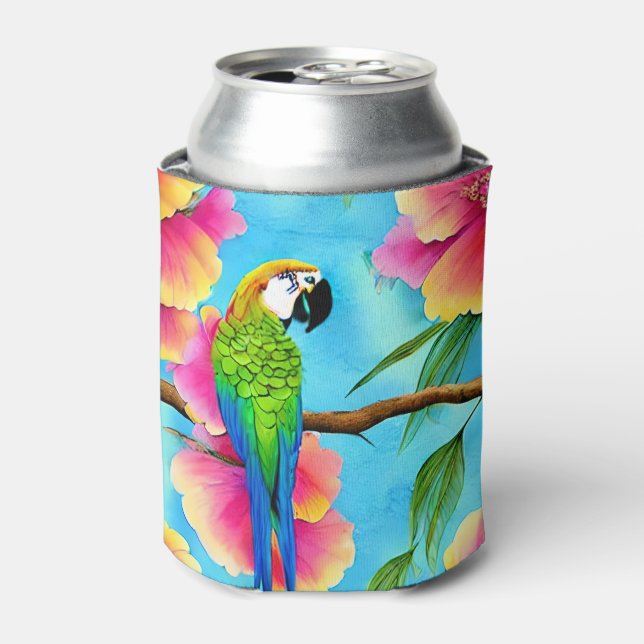 Rafraîchisseur Pour Canette Motif de perroquet et de fleurs tropicales (Can devant)