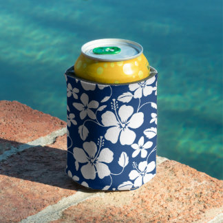 RAFRAÎCHISSEUR POUR CANETTE MOTIF HULA HAWAIEN (HIBISCUS) EN BLEU MARINE