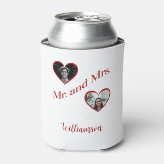 Rafraîchisseur Pour Canette Mr. and Mrs. Custom Last Name Photo Double Hearts