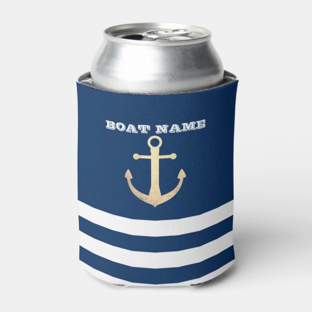 Rafraîchisseur Pour Canette Nautical, Gold Anchor Navy Blue Striped (Can devant)