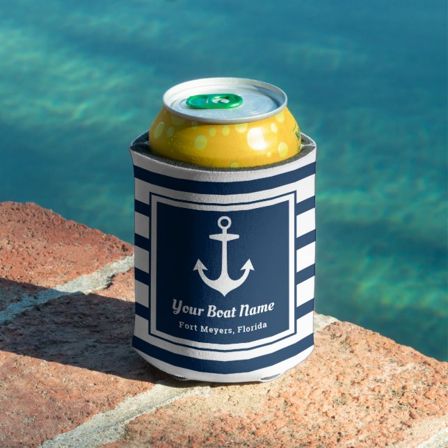 Rafraîchisseur Pour Canette Nautical Navy Blue Welcome Aboard Nom du bateau An (Piscine in situ)