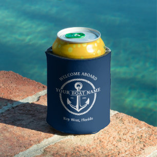 Rafraîchisseur Pour Canette Nautical Navy Blue Welcome Aboard Nom du bateau An