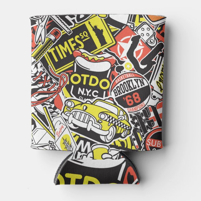 Rafraîchisseur Pour Canette New York urbain : patchwork autocollant. (Devant)