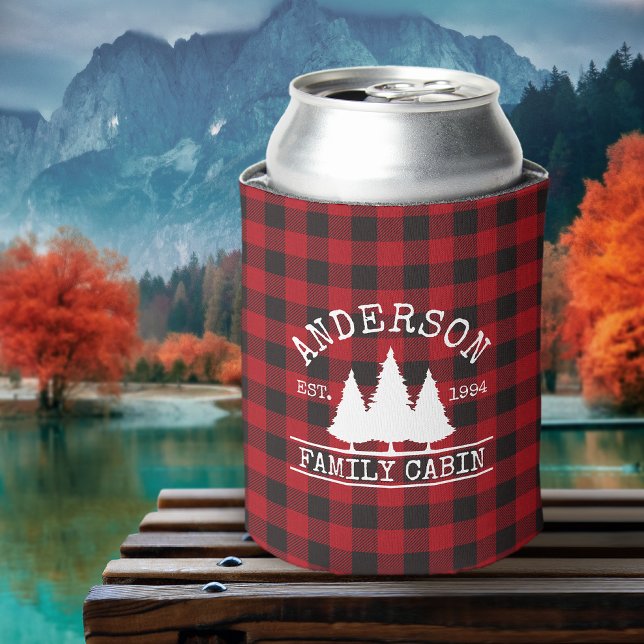 Rafraîchisseur Pour Canette Nom de famille du cabine Red Buffalo Plaid (Customize to change text size or text style.)