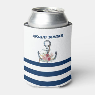 Rafraîchisseur Pour Canette Nom du bateau, fleurs d'ancre bleu marine rayé