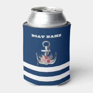 Rafraîchisseur Pour Canette Nom du bateau, fleurs d'ancre bleu marine rayé