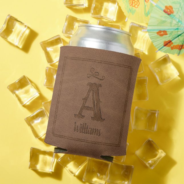Rafraîchisseur Pour Canette Nom du monogramme personnalisé en cuir Brown rusti (Été in situ)