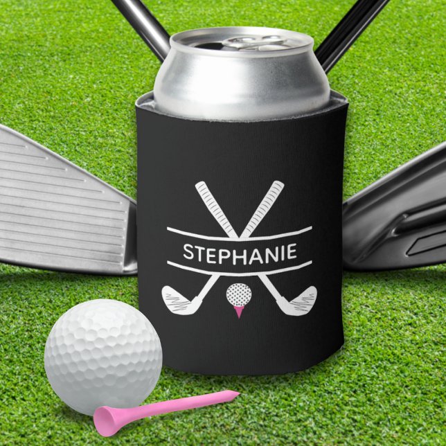 Rafraîchisseur Pour Canette Nom personnalisé Black White Pink Golf (Custom Name Black White Pink Golf Can Cooler)