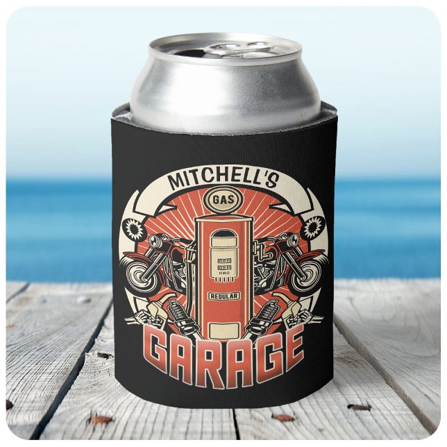 Rafraîchisseur Pour Canette Nom personnalisé Garage moto moto pompe à gaz rétr (Créateur téléchargé)