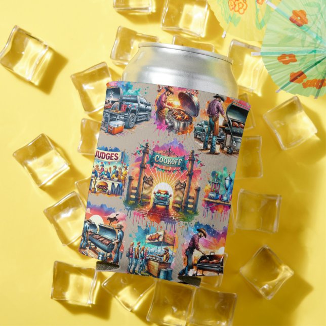 Rafraîchisseur Pour Canette Occidental Cowboy BBQ Cookoff Scènes 2 Personnalis (Été in situ)