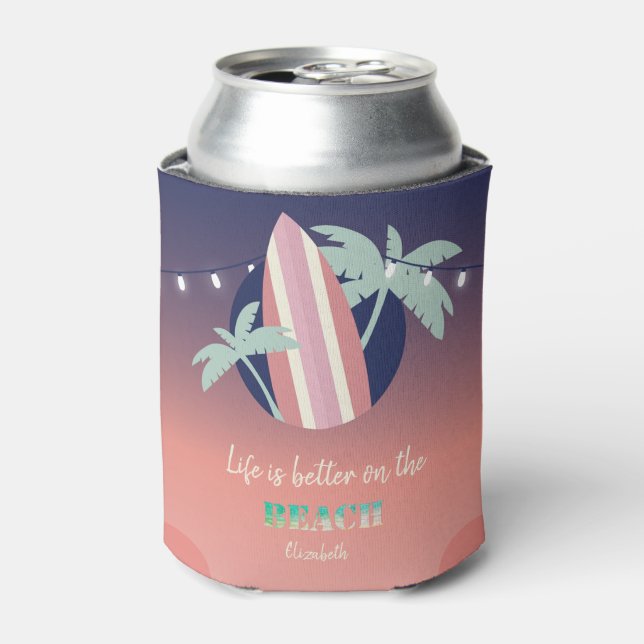 Rafraîchisseur Pour Canette Palmiers, Surf, Plage String Lights (Can devant)