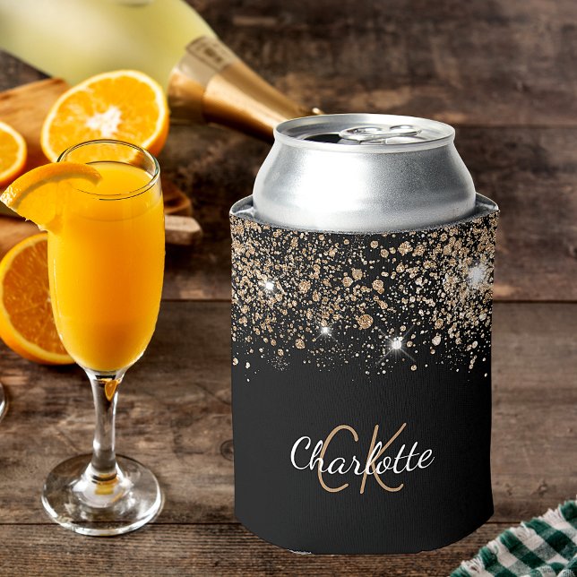 Rafraîchisseur Pour Canette Parties scintillant d'or noir monogramme nom chic  (Créateur téléchargé)