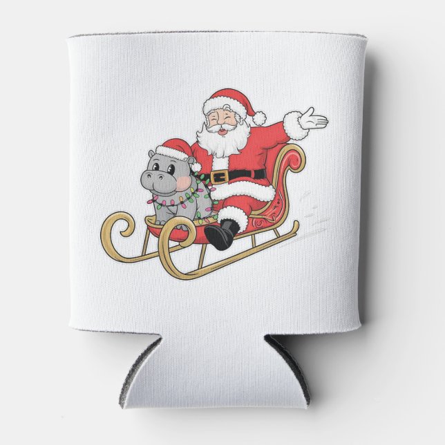 Rafraîchisseur Pour Canette Père Noël Riding Sleigh avec Moo Deng Baby Hippo (Devant)