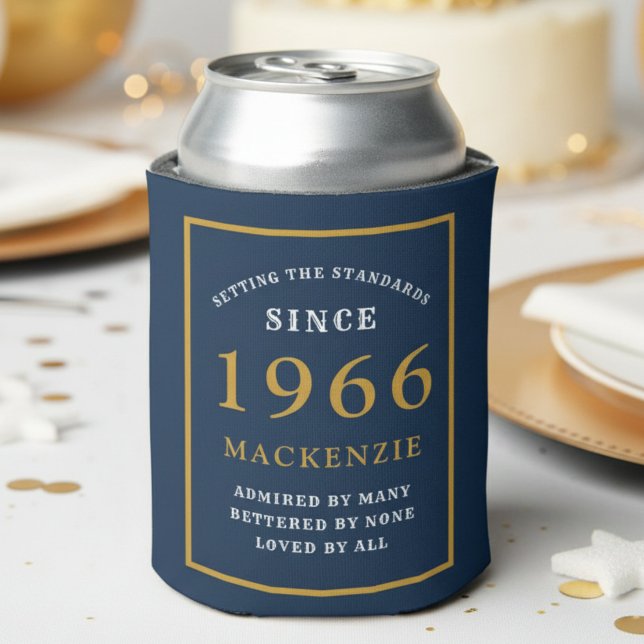 Rafraîchisseur Pour Canette Personalized 60th Birthday 1966 Elegant Blue Gold (1966 blue can cooler. White background.)