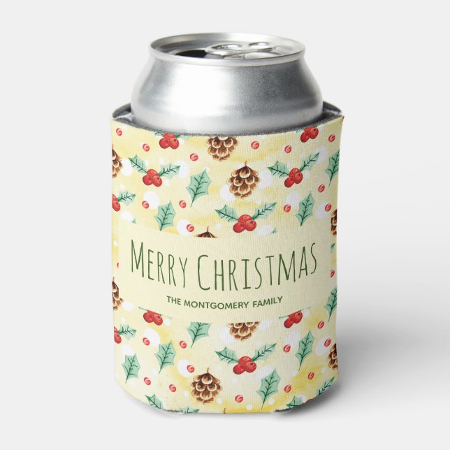 Rafraîchisseur Pour Canette Pine Cones et Holly Motif Joyeux Noël (Can devant)