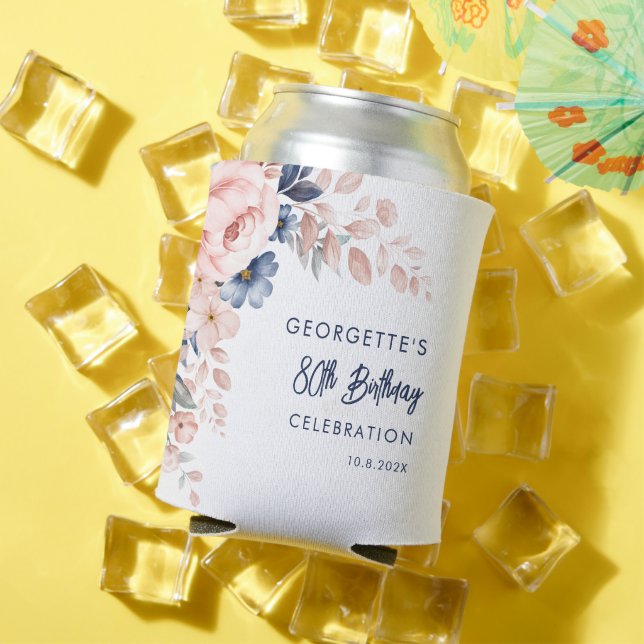 Rafraîchisseur Pour Canette Pink Floral 80e anniversaire Script (Été in situ)