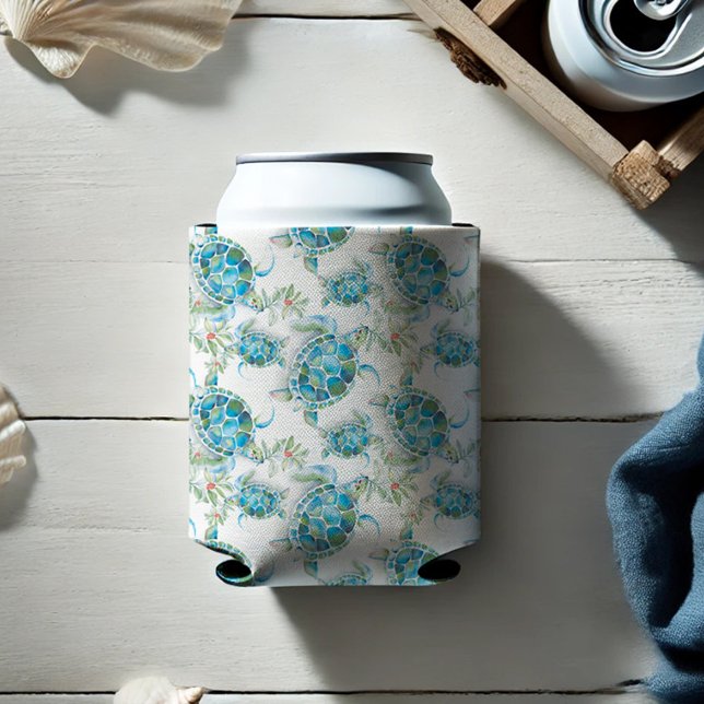 Rafraîchisseur Pour Canette Plage Turquoise de mer Aquarelle (Sea turtle can cooler watercolor pattern in turquoise blue by Victoria Grigaliunas Do Tell A Belle)