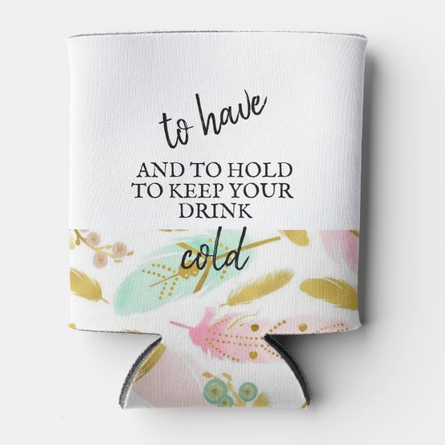 Rafraîchisseur Pour Canette Plumes Boho rose et or (Devant)