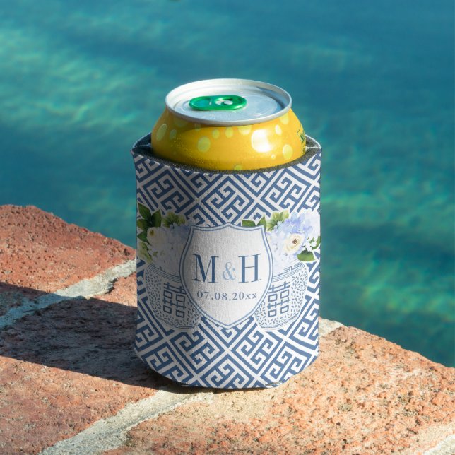 Rafraîchisseur Pour Canette Preppy Marine Blanc Floral Mariage Monogramme Favo (Piscine in situ)