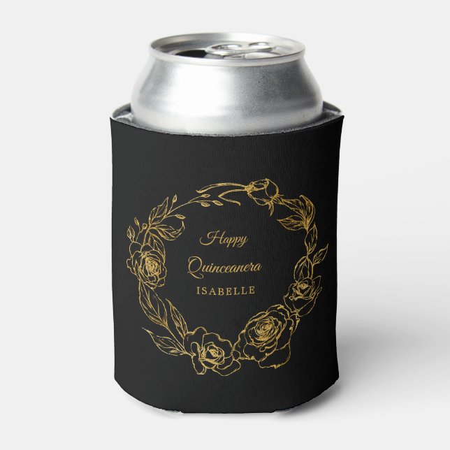 Rafraîchisseur Pour Canette Quinceanera Luxe Gold Rose personnalisé Noir (Can devant)