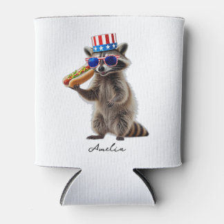 Rafraîchisseur Pour Canette Raton laveur patriotique tenant un hot dog drôle
