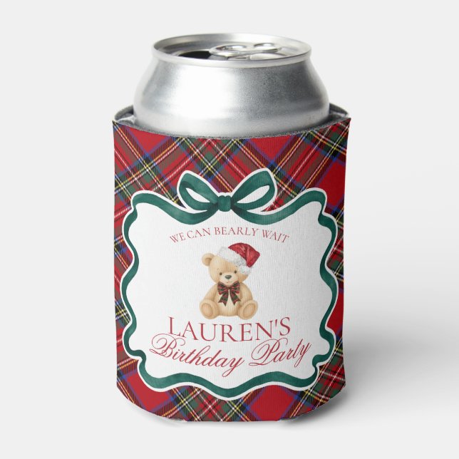Rafraîchisseur Pour Canette Red Tartan Plaid Christmas Bear Birthday Favor (Can devant)