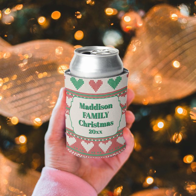 Rafraîchisseur Pour Canette Retro Ugly Christmas Sweater Green Red Hearts (Créateur téléchargé)
