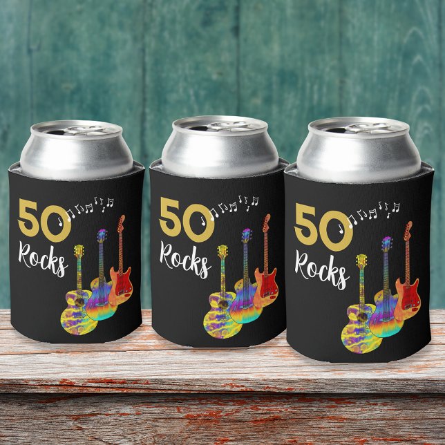 Rafraîchisseur Pour Canette Rock and Roll 50e fête d'anniversaire (Personalized Rock and roll 50th birthday party can coolers cool funky guitars gold and black for him)