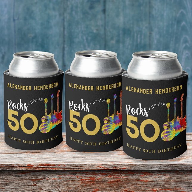Rafraîchisseur Pour Canette Rock and Roll 50th Birthday Party ajouter Nom (Personalized for him rock and roll 50th birthday party can coolers cool funky guitars gold and black)