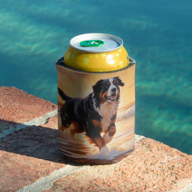 Rafraîchisseur Pour Canette Sandy Paws Bernese Mountain Dog on Beach Sunset (Piscine in situ)