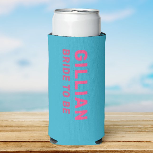 Rafraîchisseur Pour Canette Slim Amusement Personnalisé Bachelorette moderne Summer (a teal seltzer can cooler with pink simple font reading Allison and Bridesmaid smaller in darker )