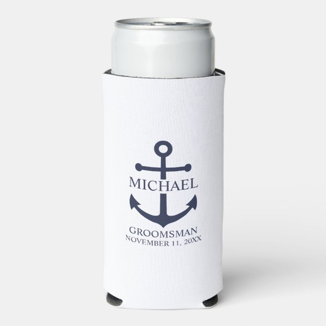 Rafraîchisseur Pour Canette Slim Ancre Bleue marine Nautique Groomsmen personnalisé (Seltzer Recto)