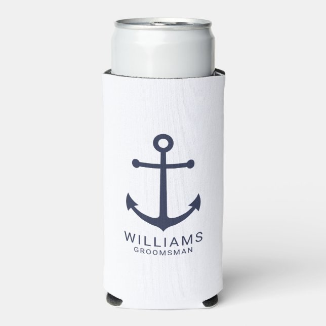 Rafraîchisseur Pour Canette Slim Ancre Bleue Marine Nautique Groomsmen Personnalisé (Seltzer Recto)