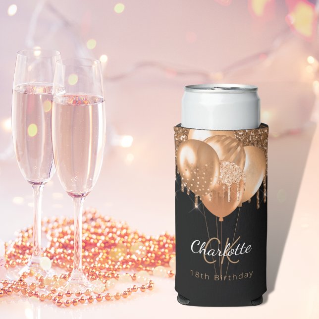 Rafraîchisseur Pour Canette Slim Anniversaire noir ballons d'or nom monogramme (Créateur téléchargé)