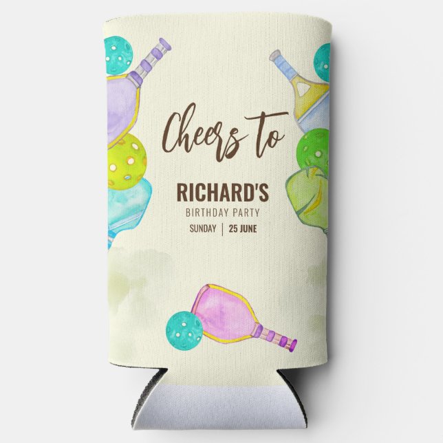 Rafraîchisseur Pour Canette Slim Aquarelle Thème Pickleball Fête d'anniversaire (Recto)