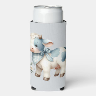 Rafraîchisseur Pour Canette Slim Bébé Vache Gingham Bleu Pastel Esthétique Ferme